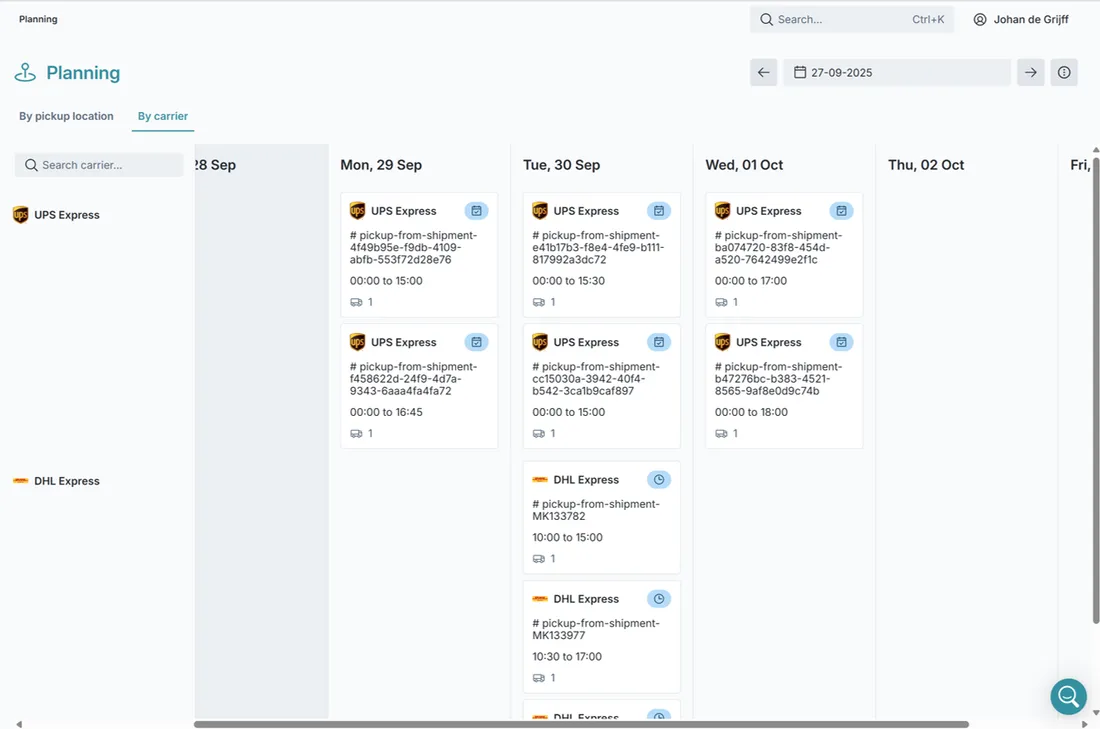 Planning dashboard with shipment overview