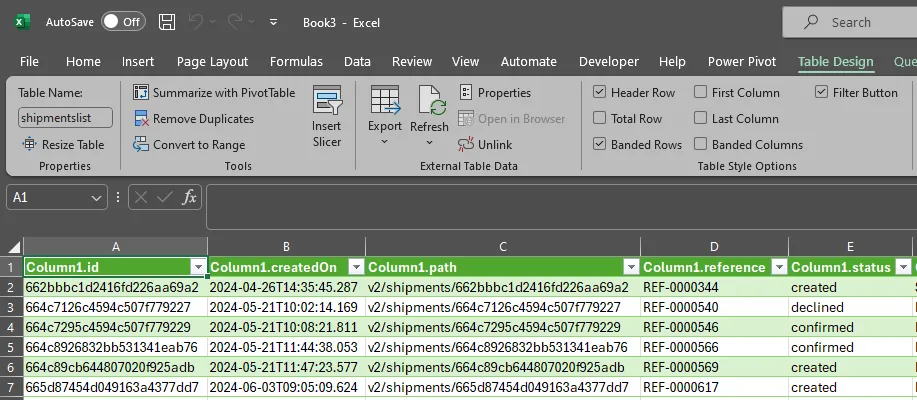 shipment list in excel