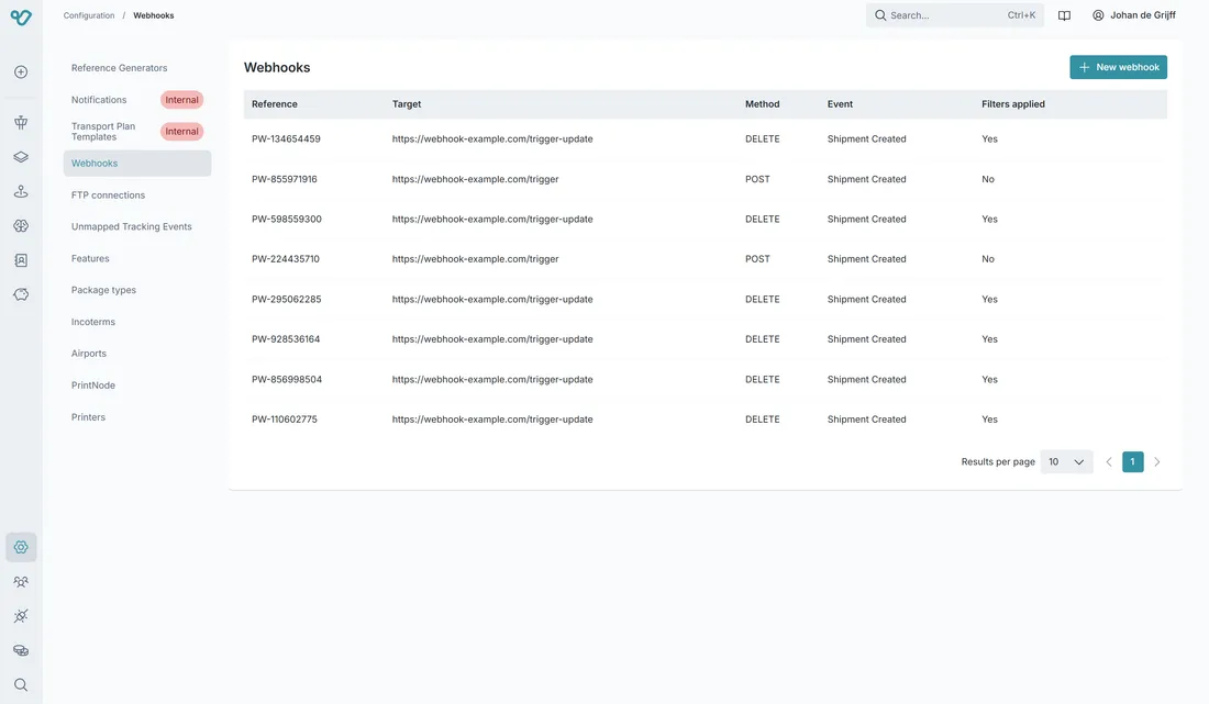 Webhook configuration for real-time shipment events